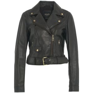 Liu Jo, Jassen, Dames, Zwart, M, Leer, Leren Bikerjack met Gouden Details