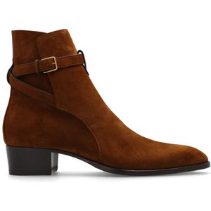 Saint Laurent, Schoenen, Heren, Bruin, 42 EU, Suède, Wyatt enkellaarzen met hak