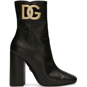 Dolce & Gabbana, Schoenen, Dames, Zwart, 38 1/2 EU, Logo-Plaque Leren Laarzen