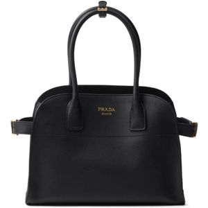 Prada, Tassen, Dames, Zwart, ONE Size, Katoen, Zwarte Leren Tote Tas