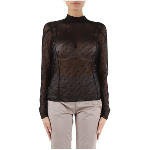 Boss, Tops, Dames, Zwart, XL, Semitransparante hoge hals geborduurde top