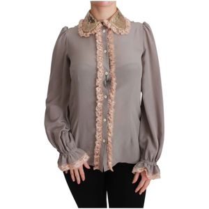 Dolce & Gabbana, Blouses & Shirts, Dames, Grijs, M, Pailletten, Grijze Zijden Pailletten Kant Blouse