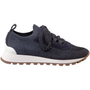 Brunello Cucinelli, Gebreide Sneakers met Monile Inzetstukken Blauw, Dames, Maat:36 EU