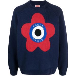 Kenzo, Truien, Heren, Blauw, L, Wol, Logo-geborduurde trui met Boke Flower motief