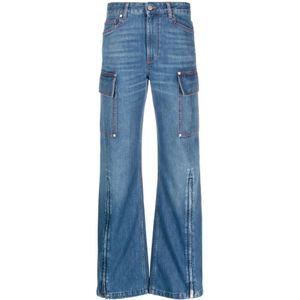 Stella McCartney, Jeans, Dames, Blauw, W27, Denim, Blauwe Denim Jeans met Appliqué Logo en Wijde Pijpen