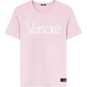 Versace, Logo Print Crew Neck T-shirts en Polos Roze, Dames, Maat:2XS