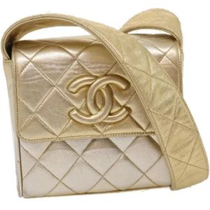 Chanel Vintage, Pre-owned, Dames, Geel, ONE Size, Tweed, Tweedehands Gouden Canvas Chanel Schoudertas