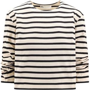 Tory Burch, Tops, Dames, Beige, S, Katoen, Gestreept katoenen T-shirt met bloemenborduursel