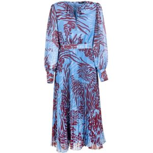 Fracomina, Lange jurk met dierenprint, druppelvormige halslijn en rits Blauw, Dames, Maat:S
