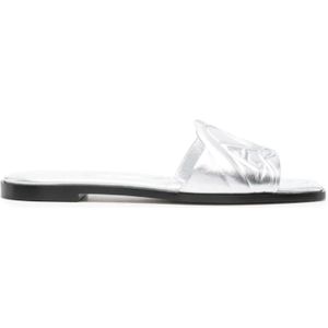 Alexander McQueen, Schoenen, Dames, Grijs, 37 EU, Leer, Zilver Metallic Seal Logo Sandalen