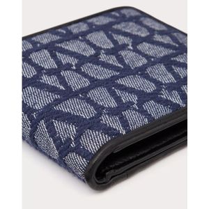 Valentino Garavani, Jacquard Iconographe Portemonnee met Leren Details Blauw, Heren, Maat:ONE Size