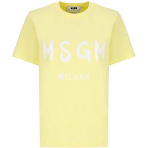 Msgm, Tops, Dames, Geel, XS, Katoen, Gele Katoenen T-shirt Ronde Hals Korte Mouwen