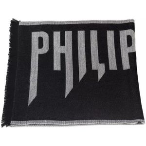 Philipp Plein, Accessoires, Heren, Zwart, ONE Size, Wol, Grijze Wollen Sjaal met Logo