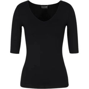 Emporio Armani, Diepe V-hals 3/4 Mouw Dames Top Zwart, Dames, Maat:L