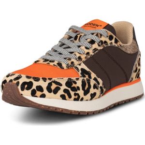 Woden, Schoenen, Dames, Bruin, 38 EU, Leer, Leopard/Tijger Koeienhaar Slimme Modus Sneakers