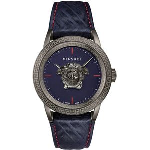 Versace, Accessoires, Heren, Grijs, ONE Size, Blauw Leren Quartz Horloge