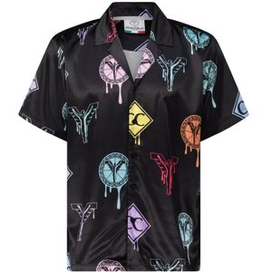 Carlo Colucci, Overhemden, Heren, Veelkleurig, S, Satijn, Satin-look shirt met logo prints