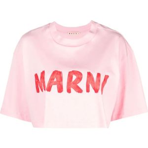 Marni, Roze Kwaststreek Print T-shirts en Polos Roze, Dames, Maat:2XS