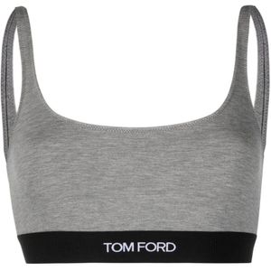 Tom Ford, Tops, Dames, Grijs, M, Grijze Logo Onderband Vierkante Hals