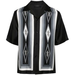 Amiri, Overhemden, Heren, Veelkleurig, L, Zwarte zijden twill bowlingoverhemd met geometrische logoprints