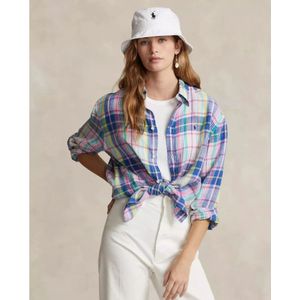 Ralph Lauren, Blouses & Shirts, Dames, Veelkleurig, L, Linnen, Linnen geruite overhemd Relaxed Fit