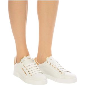 Dolce & Gabbana, Schoenen, Dames, Wit, 41 EU, Witte leren sneakers met gouden en witte logo-applicaties