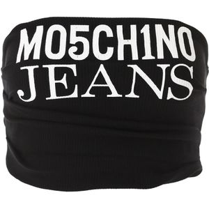 Moschino, Tops, Dames, Zwart, S, Geribbeld Logo Crop Top in Zwart