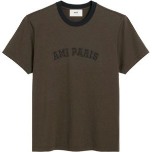 Ami Paris, Tops, Heren, Bruin, M, Katoen, Biologisch Katoen Bedrukt Logo T-shirt