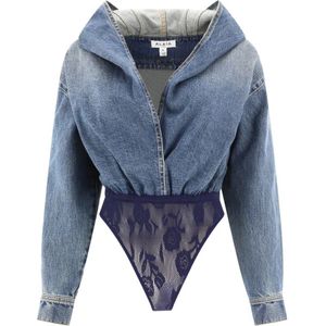 Alaïa, Hooded Denim Bodysuit Blauw, Dames, Maat:S