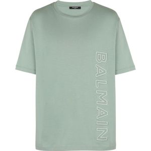 Balmain, Tops, Heren, Groen, S, Katoen, Oversized T-shirt met reliëf logo