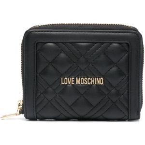 Love Moschino, Accessoires, Dames, Zwart, ONE Size, Gewatteerde Zwarte Portemonnee met Gouden Logo