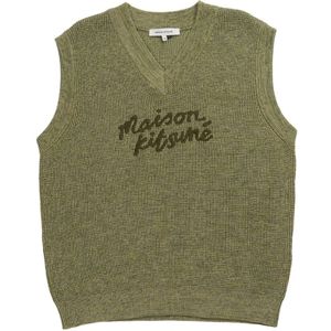 Maison Kitsuné, Handwriting Oversize Katoenen Gilet in Khaki Groen, Heren, Maat:M