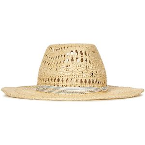 Maison Michel, Gestreepte lint en parel Fedora hoed Beige, Dames, Maat:S