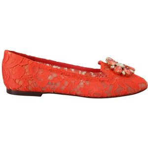 Dolce & Gabbana, Schoenen, Dames, Rood, 35 EU, Rode Taormina Kant Kristallen Ballet Flats Schoenen
