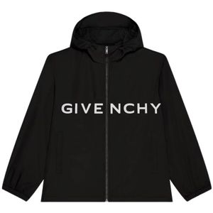 Givenchy, Jassen, Heren, Zwart, L, Logo Print Technische Windbreaker met Capuchon