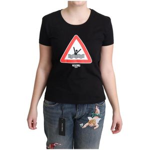 Moschino, Tops, Dames, Zwart, L, Katoen, Zwart Katoenen Zwem Grafisch Driehoek Print T-shirt