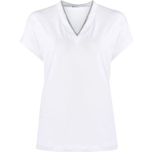 Brunello Cucinelli, Klassiek V-Hals T-Shirt Wit, Dames, Maat:L