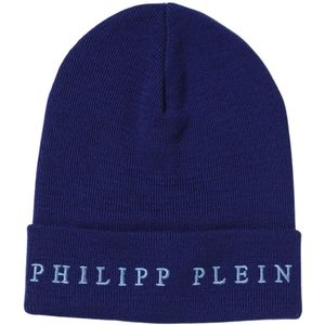 Philipp Plein, Accessoires, Heren, Blauw, ONE Size, Wol, Blauwe Wol Logo Pet