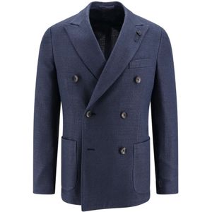 Lardini, Jassen, Heren, Blauw, L, Zijden Double-Breasted Blazer met Iconische Broche