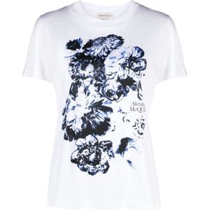 Alexander McQueen, Tops, Dames, Wit, L, Witte T-shirt met Bloemenprint