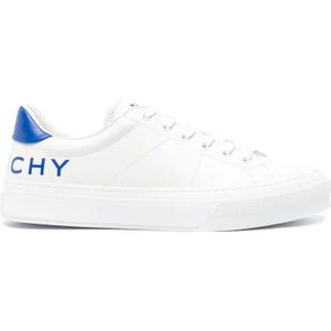 Givenchy, Schoenen, Heren, Wit, 39 1/2 EU, Leer, Witte Sneakers met Blauw/Witte Logo Print