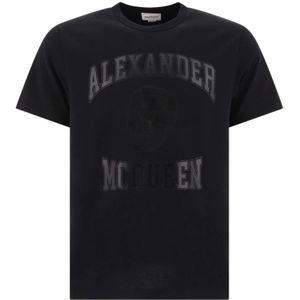 Alexander McQueen, Tops, Heren, Zwart, L, Katoen, Zwart T-shirt met Logo en Schedel