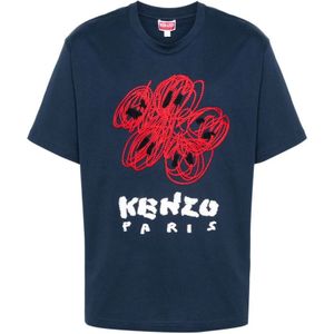 Kenzo, Tops, Heren, Blauw, XS, Katoen, Blauwe Drawn Varsity T-shirt