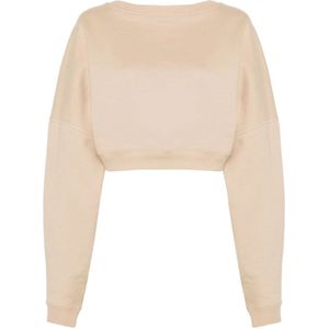 Saint Laurent, Sweatshirts & Hoodies, Dames, Beige, S, Poudre Cropped Sweater met Geborduurd Logo