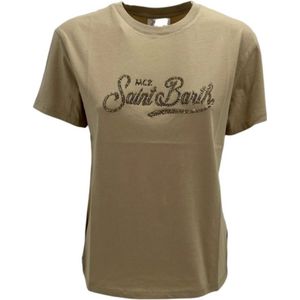 MC2 Saint Barth, Tops, Dames, Beige, XS, Katoen, Stijlvolle Ivory T-shirt met Strass Schrift
