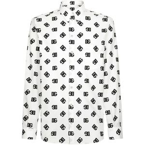 Dolce & Gabbana, Overhemden, Heren, Veelkleurig, L, Katoen, Logo Print White Shirt