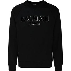 Balmain, Sweatshirts & Hoodies, Heren, Zwart, L, Katoen, Zwart Zilver Logo Print Sweatshirt