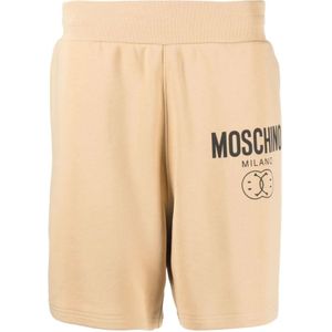Moschino, Korte broeken, Heren, Beige, L, Katoen, Beige Shorts met Logo Print en Elastische Tailleband
