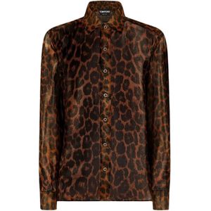 Tom Ford, Blouses & Shirts, Dames, Bruin, S, Gelamineerd Luipaard Overhemd