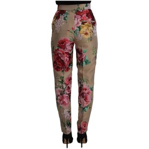 Dolce & Gabbana, Broeken, Dames, Beige, 2Xs, Bloemen hoge taille broek